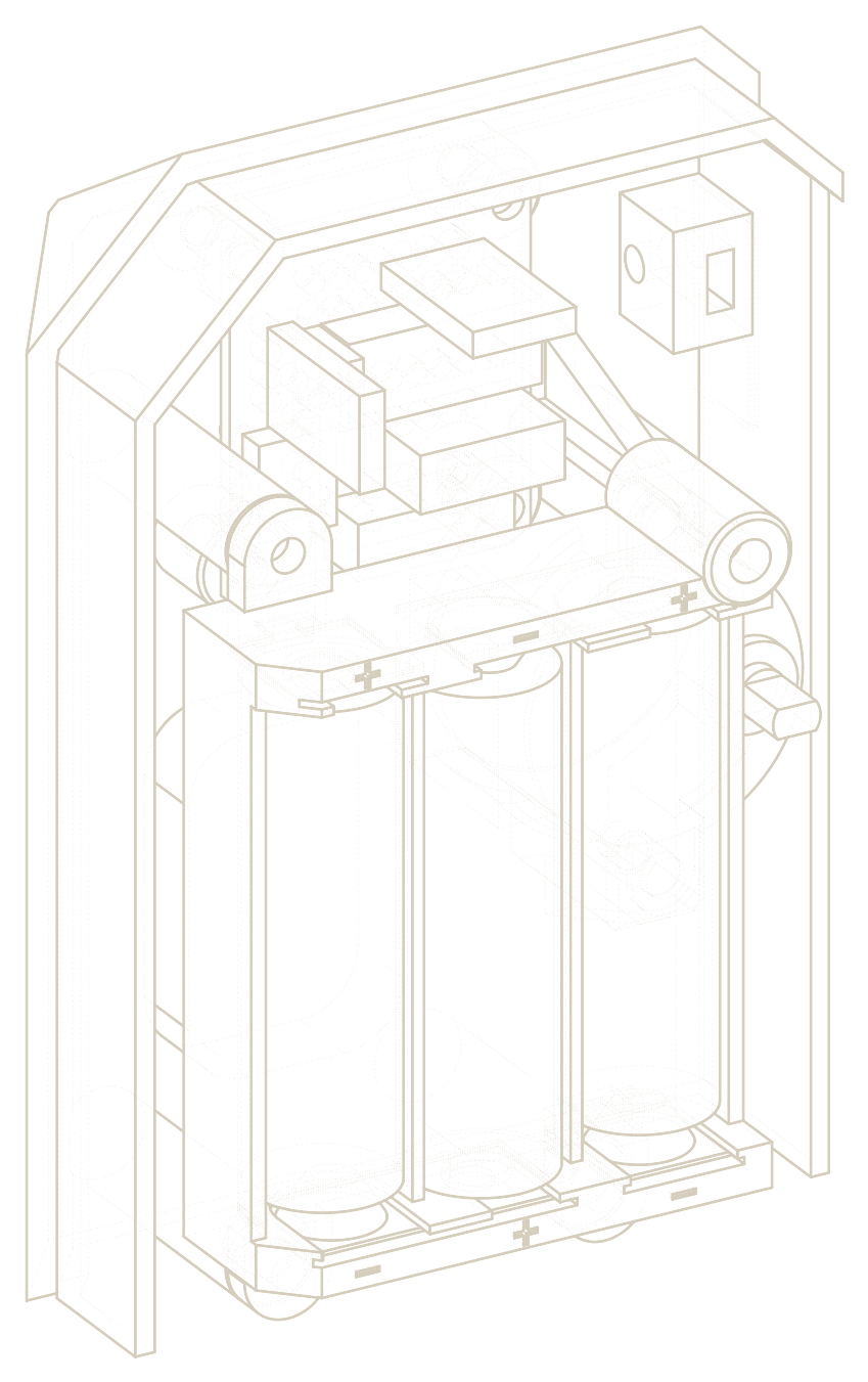 Line drawing of the battery bay with three AA cells, seen from the front left.
