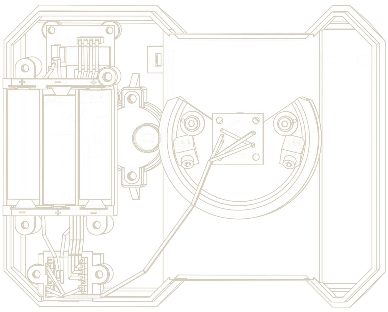 Line drawing of the case from the front with the cover off, showing the battery bay, motor, sector, sensor, controller board and wires.